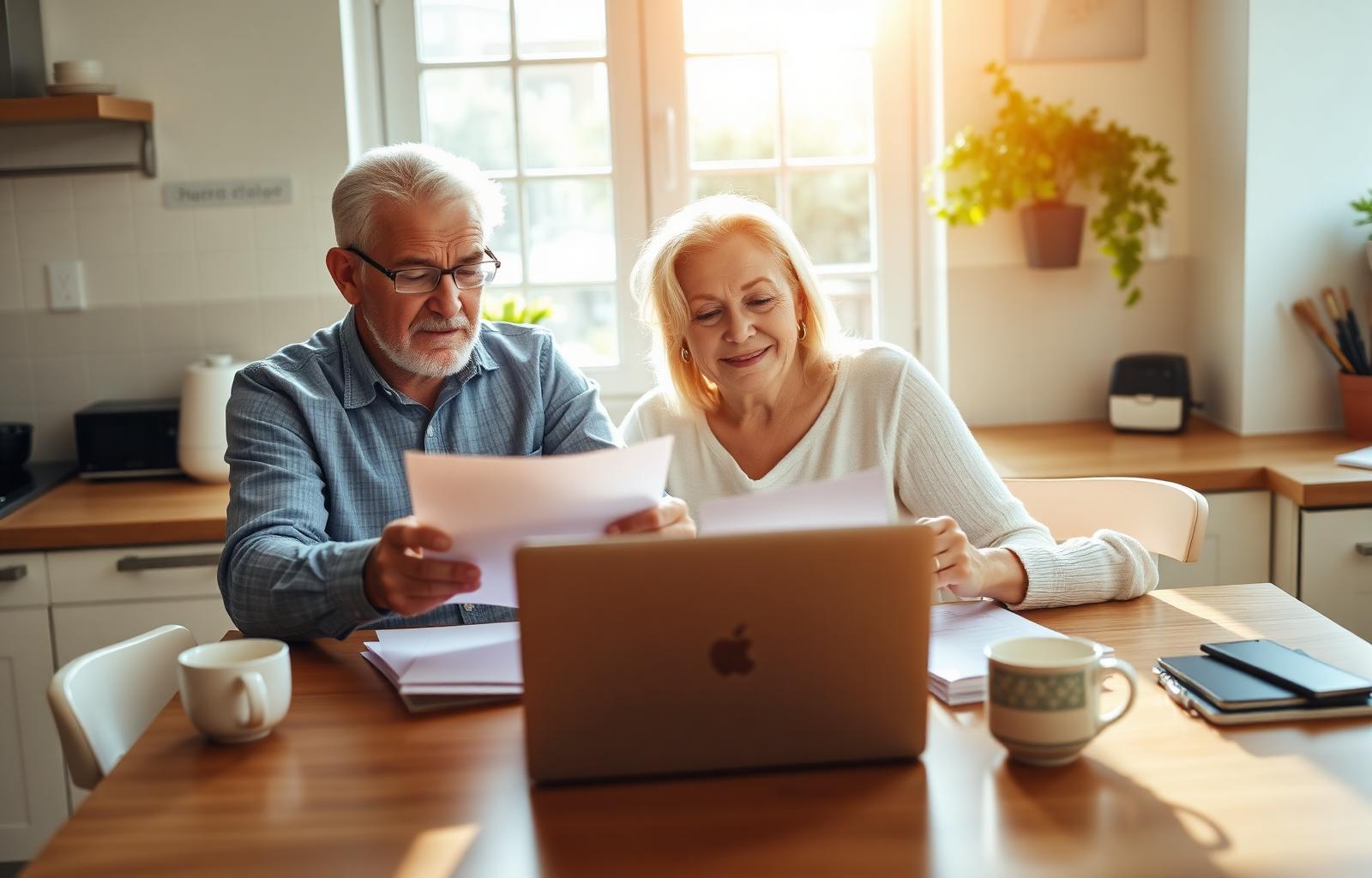 Couple at a kitchen table reviewing benefits paperwork