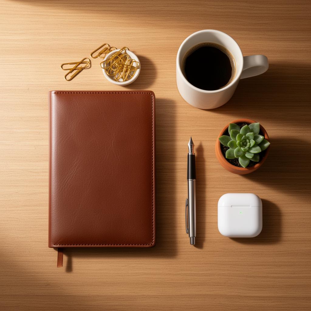 Organized marketing professional's desk with notebook, pen, and coffee
