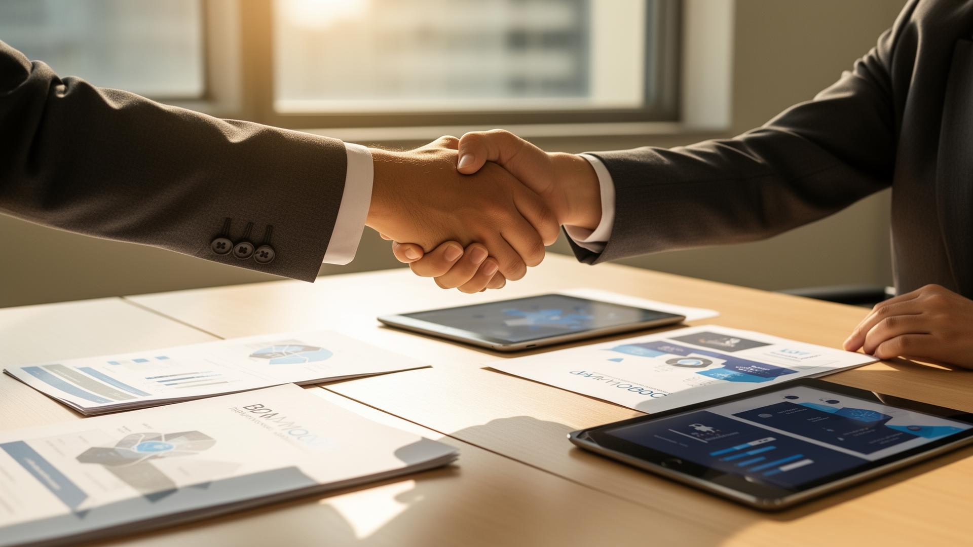 Two professionals shaking hands over co-branded marketing materials