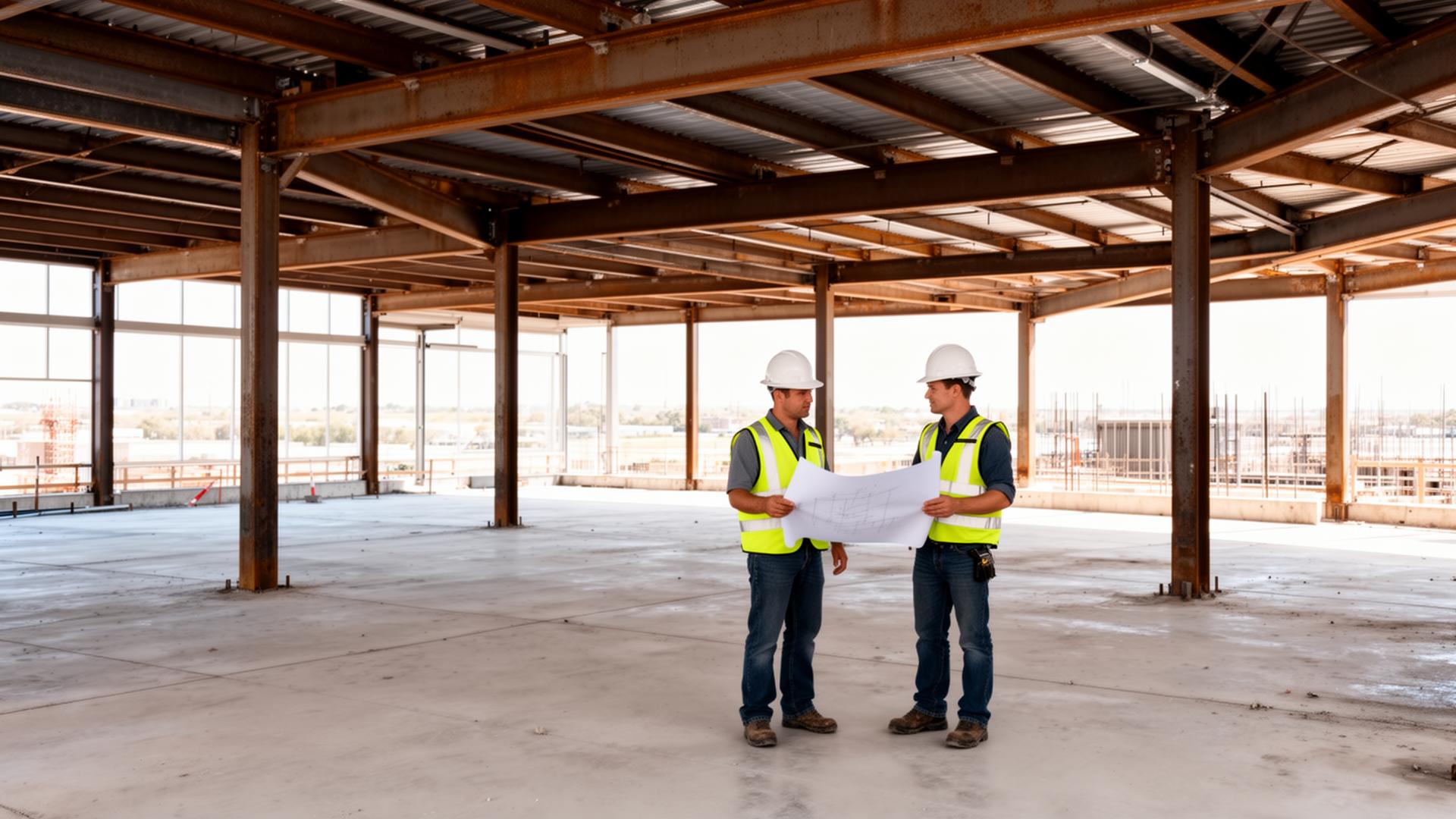 Commercial construction jobsite with steel framing