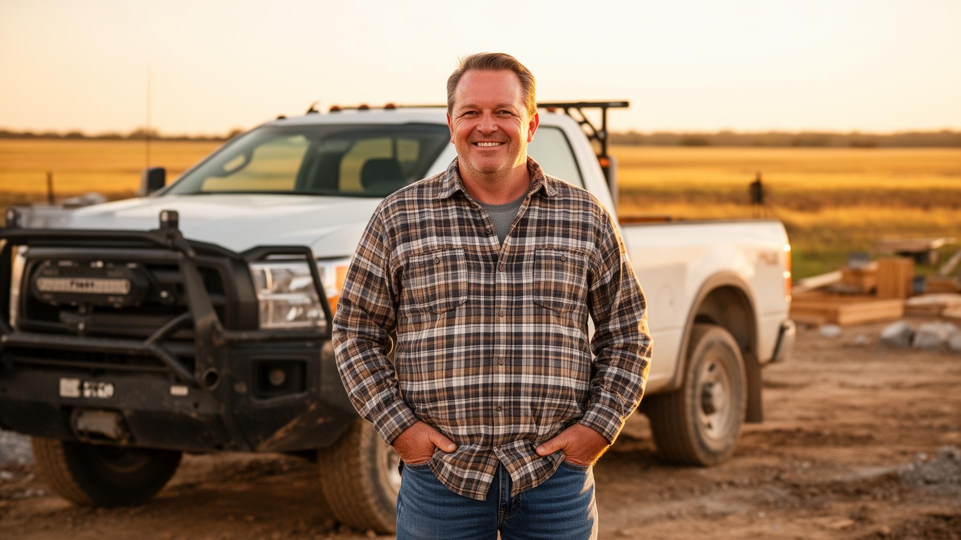 Oklahoma small-business owner standing in front of a work truck on a rural job site